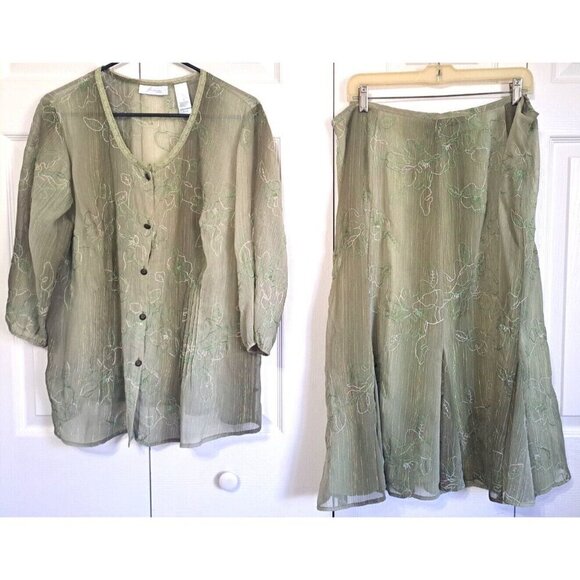 JH Collectibles 1X and 16W 3-Pc Green Embroidered Set Shirt/Tank(1X) Skirt(16W) - Picture 15 of 16